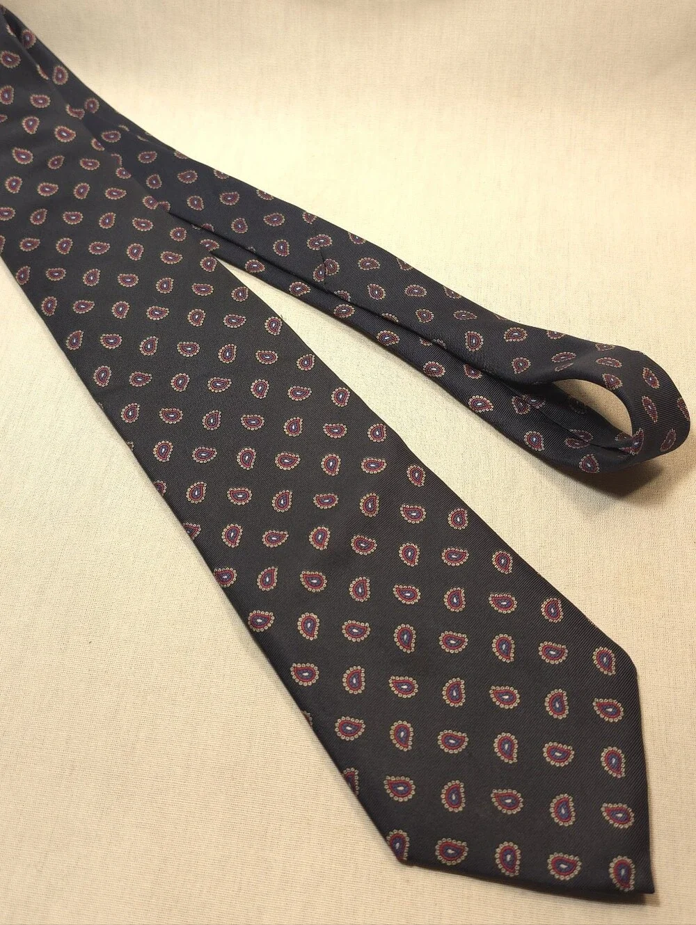 Vintage Bert Pulitzer Black Paisley Silk Tie with Red & Gold Motifs